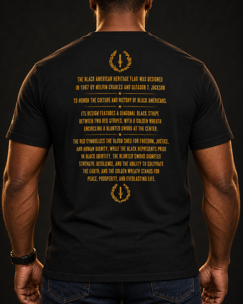 Man wearing The Man Black American Heritage Rider Tee by Ryland Works — back view