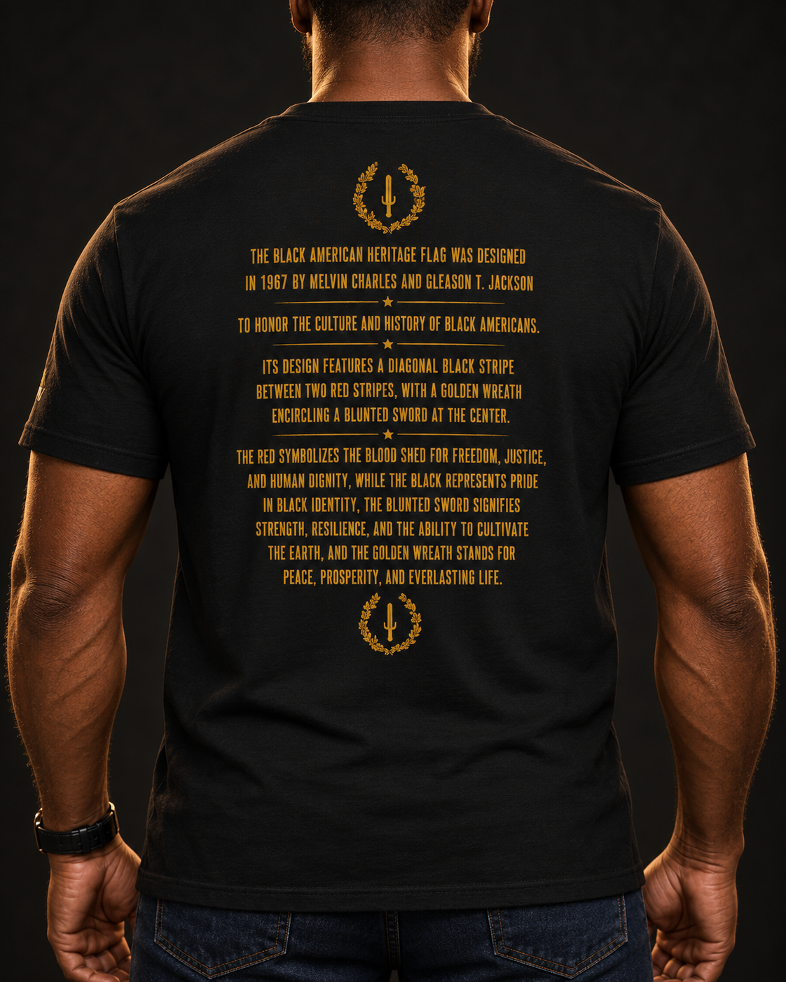 Man wearing The Man Black American Heritage Rider Tee by Ryland Works — back view