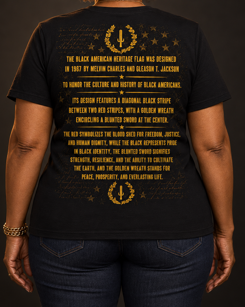 Woman wearing The Grandmother Black American Heritage Rider Tee by Ryland Works — back view