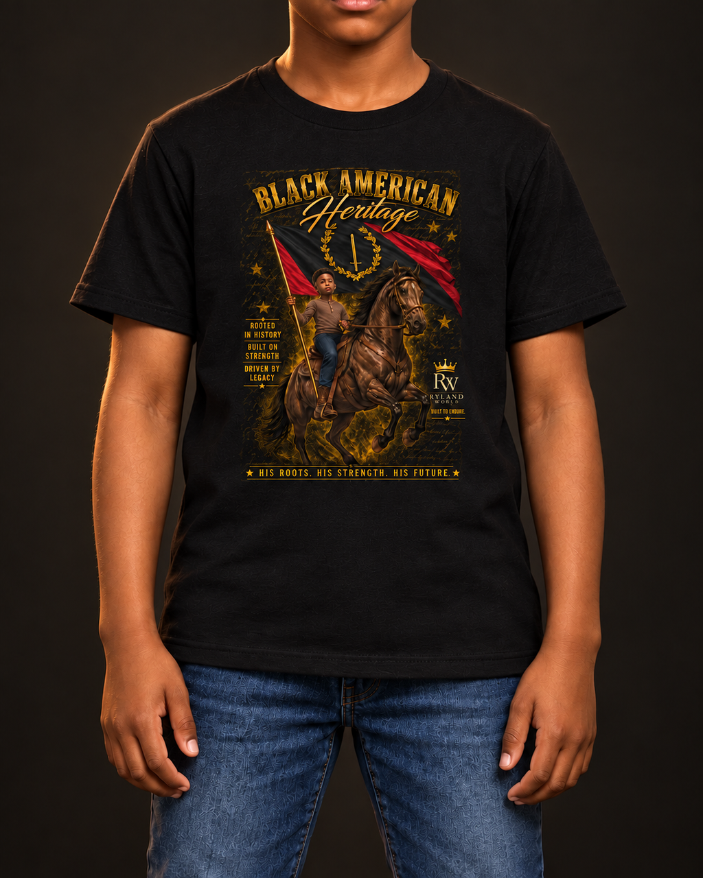 The Boy Black American Heritage Rider Tee by Ryland Works — front artwork